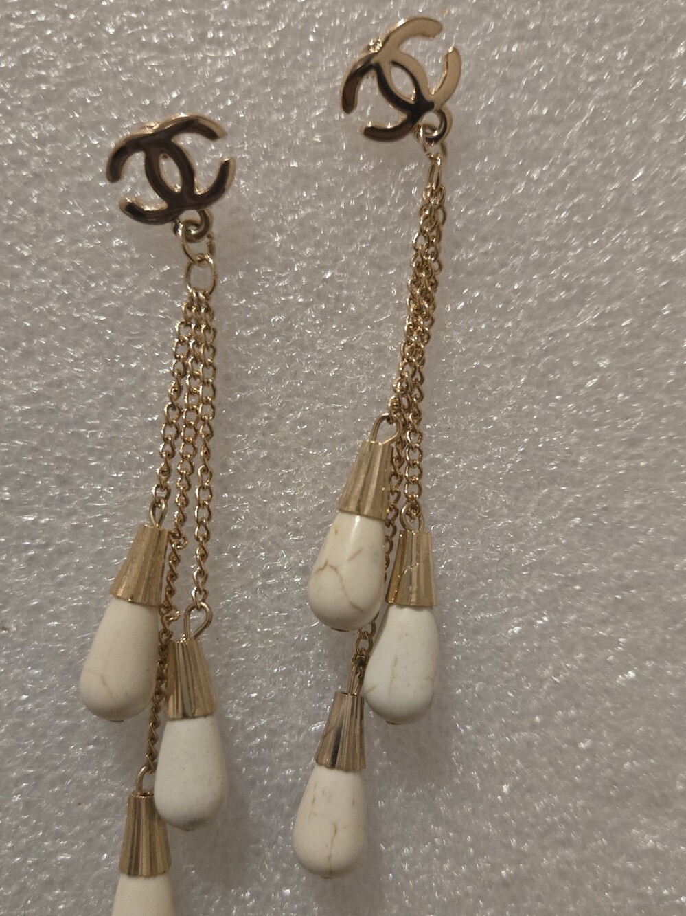 Gold-Tone Drop Earrings with White Teardrop Beads